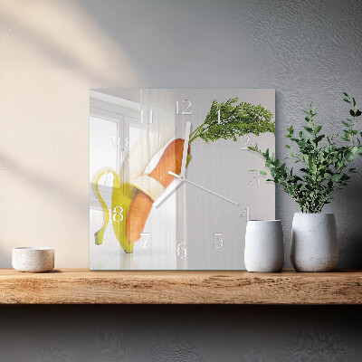 Glass clock square Carrots and bananas