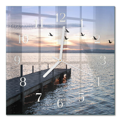 Glass clock square Birds by the lake