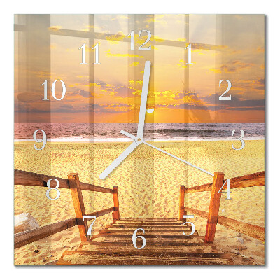 Glass wall clock square Bridge on the beach