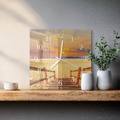 Glass wall clock square Bridge on the beach