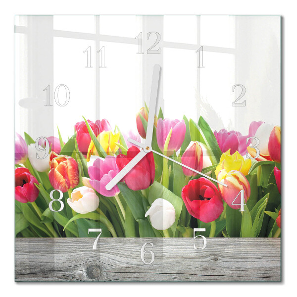 Glass clock square Tulips