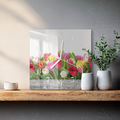 Glass clock square Tulips
