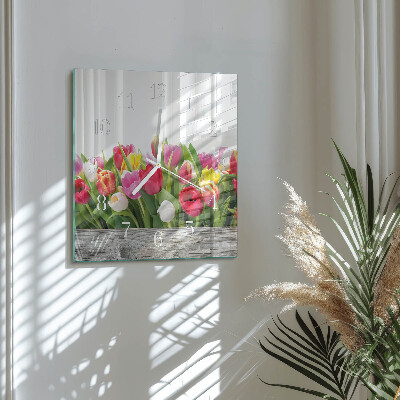 Glass clock square Tulips