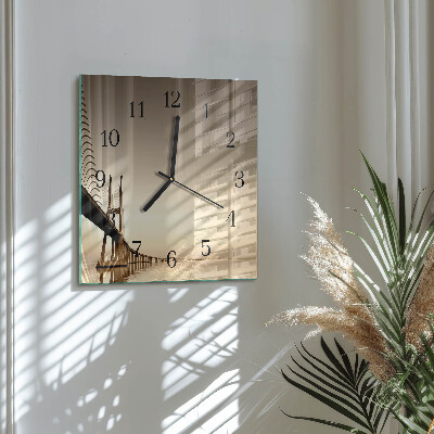 Glass wall clock square Bridge in sepia