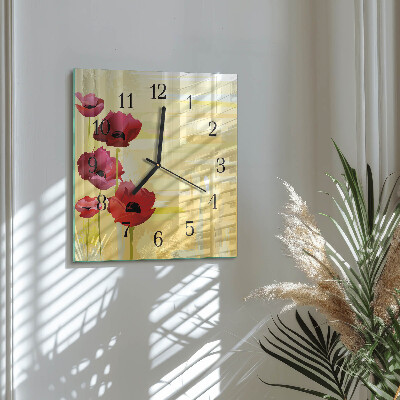 Glass clock square Poppies