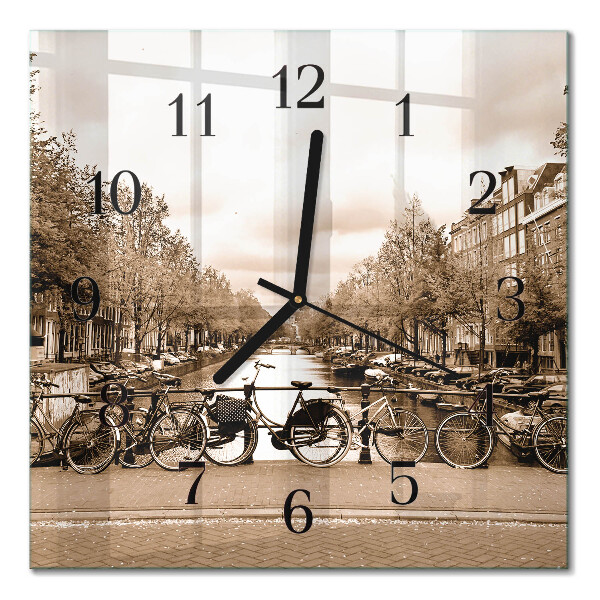 Glass wall clock square Amsterdam in sepia