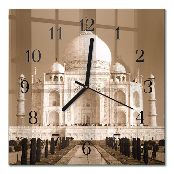 Glass wall clock square Taj Mahal in sepia