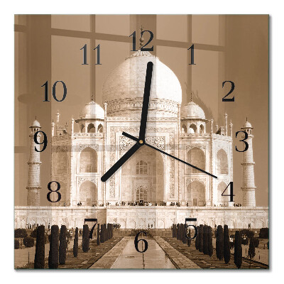 Glass wall clock square Taj Mahal in sepia