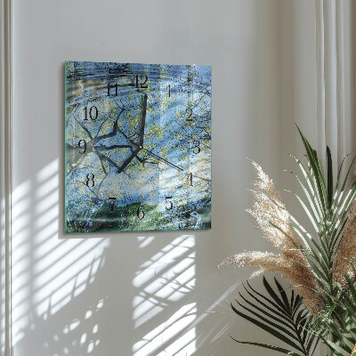 Glass clock square Trees, water
