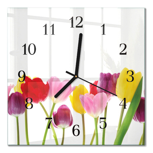 Glass clock square Colorful tulips