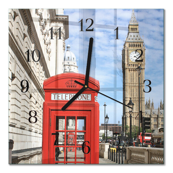 Glass wall clock square Red telephone booth