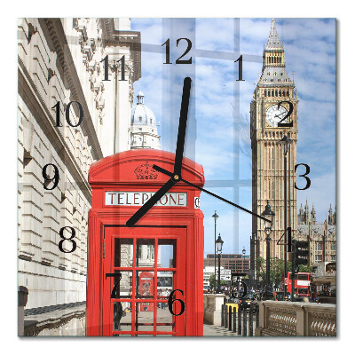 Glass wall clock square Red telephone booth