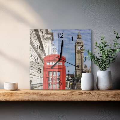 Glass wall clock square Red telephone booth