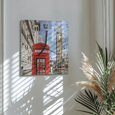Glass wall clock square Red telephone booth