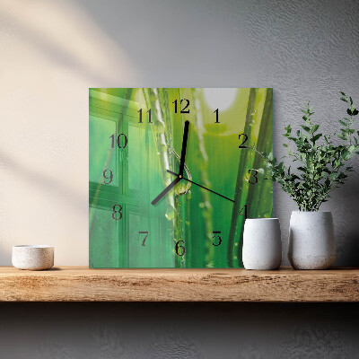 Glass wall clock square Drops on the grass