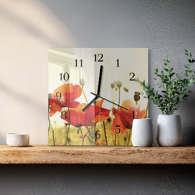 Glass clock square Poppies