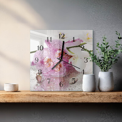 Glass wall clock square Orchid