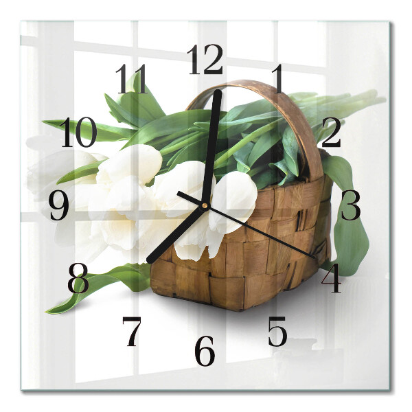 Glass clock square Basket of tulips