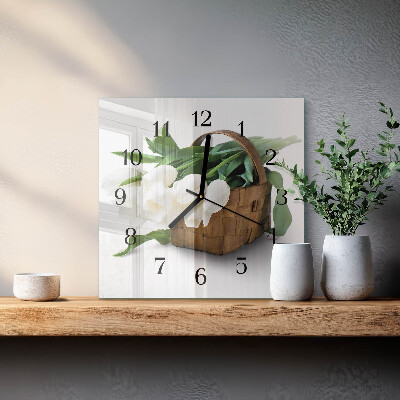Glass clock square Basket of tulips