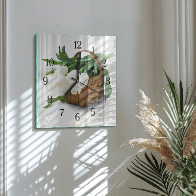 Glass clock square Basket of tulips