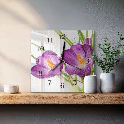 Glass clock square Crocuses