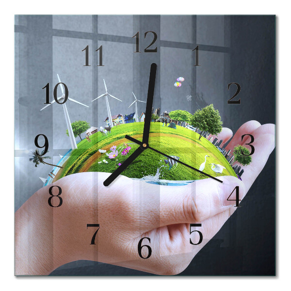Square kitchen clock Earth in the hand