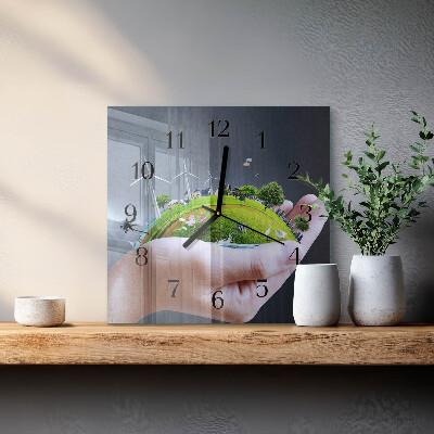 Square kitchen clock Earth in the hand