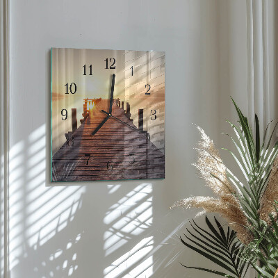 Glass wall clock square Bridge over the lake