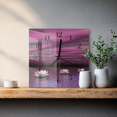 Glass clock square Water lilies