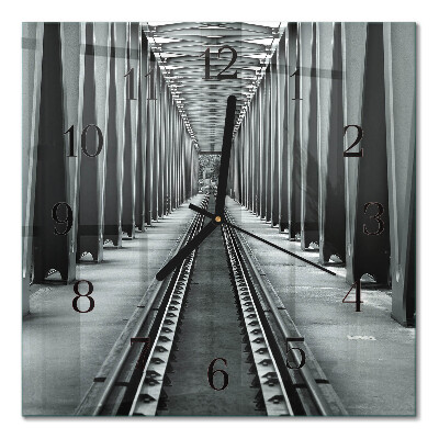 Glass wall clock square Railway tracks
