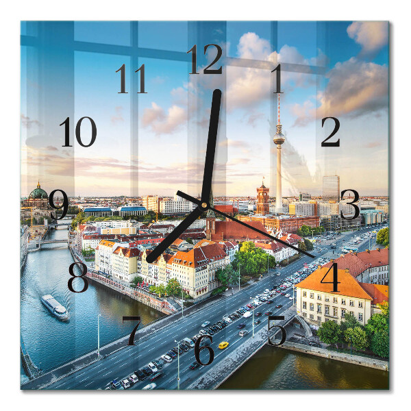 Glass wall clock square A river in the city