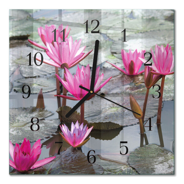 Glass clock square Water lilies