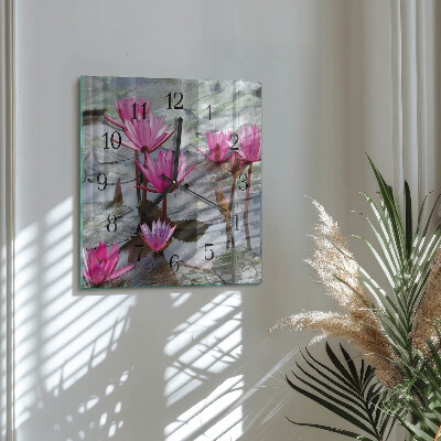 Glass clock square Water lilies