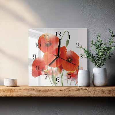 Glass wall clock square Poppies