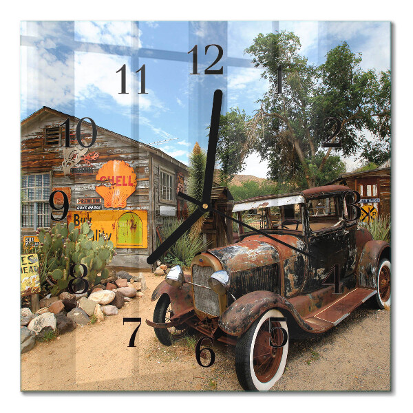 Glass wall clock square Old car
