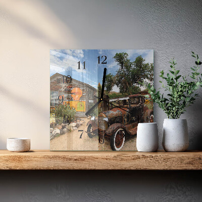 Glass wall clock square Old car