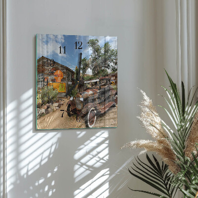 Glass wall clock square Old car
