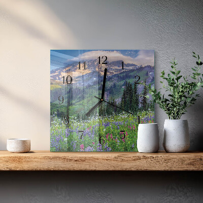 Glass wall clock square Meadow mountain