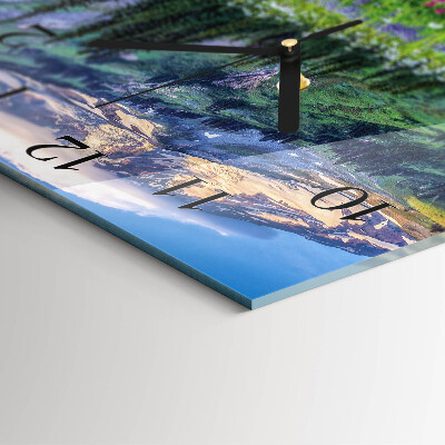 Glass wall clock square Meadow mountain