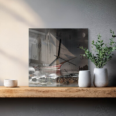 Glass clock square Sailboat