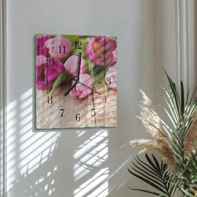 Glass wall clock square Tulips