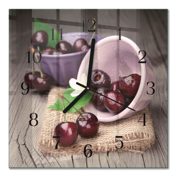 Glass clock square Burgundy cherries