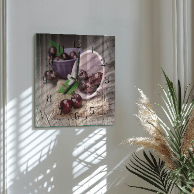 Glass clock square Burgundy cherries