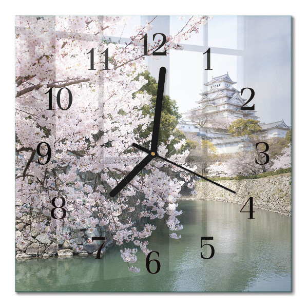 Glass wall clock square Cherry trees