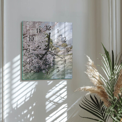 Glass wall clock square Cherry trees