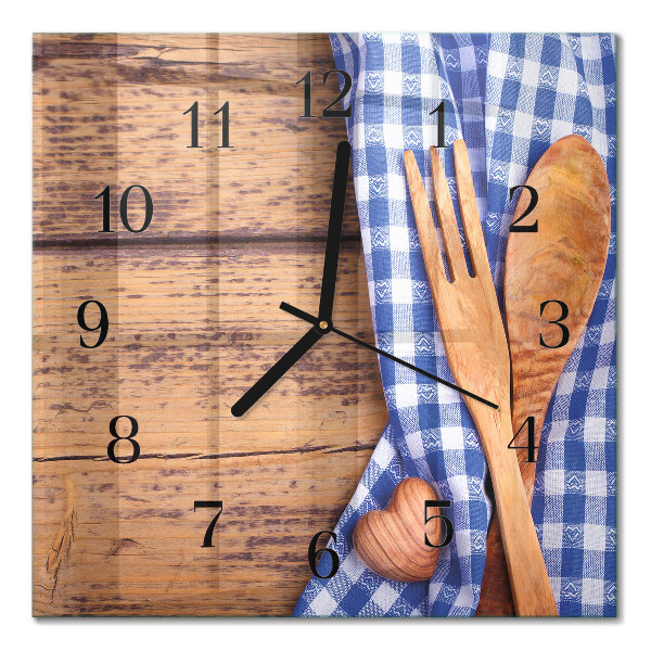 Glass clock square Wood and cutlery