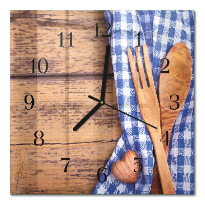 Glass clock square Wood and cutlery