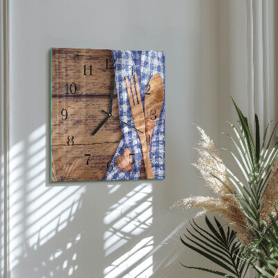 Glass clock square Wood and cutlery