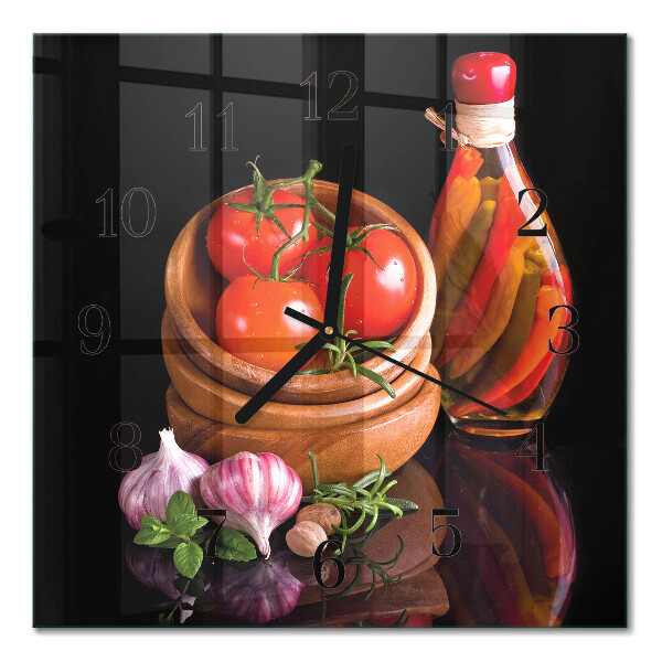 Glass wall clock square Tomatoes and garlic