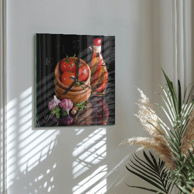 Glass wall clock square Tomatoes and garlic